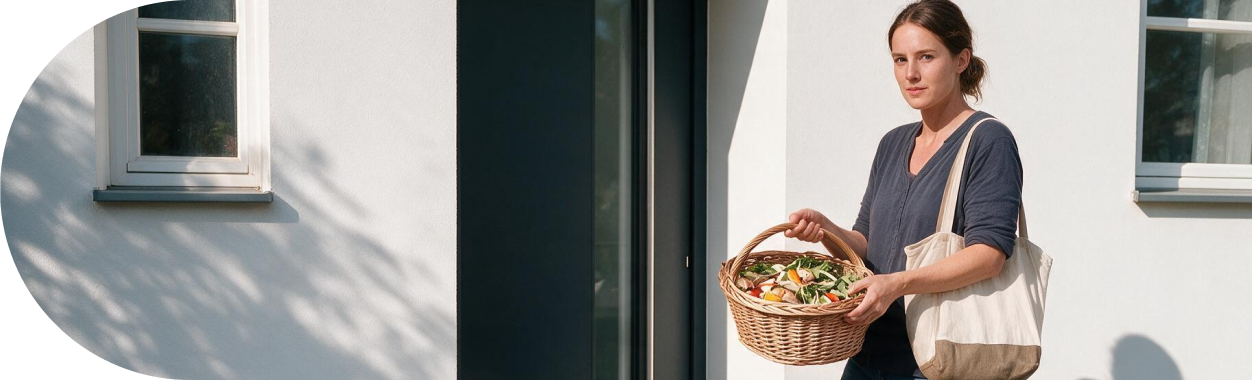 Woman holding a basket of fresh vegetables outside a home